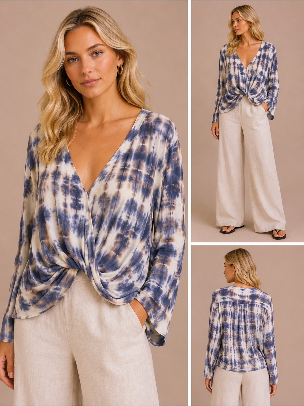 Blue Life Navy and Cream Tie-Dye Twist Front Long Sleeve Top